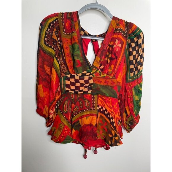 NWT Farm Rio x Anthropologie Lined Blouse Size XXS Red V Neck Tie Beaded Tassels